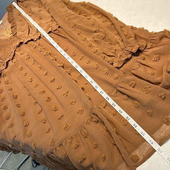 NEW Swiss Polka Dot Chiffon Dress Sz Small Pom Mini Tan Mocha Brown Long Sleeve - Picture 7 of 10
